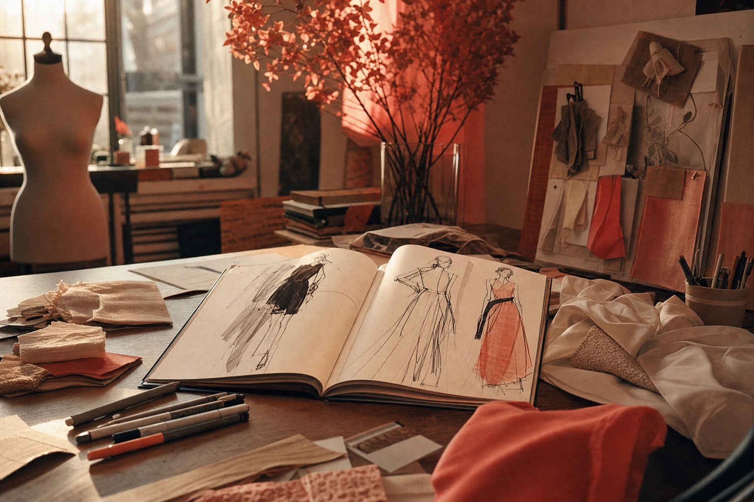 Atelier de diseño de moda a la luz dorada